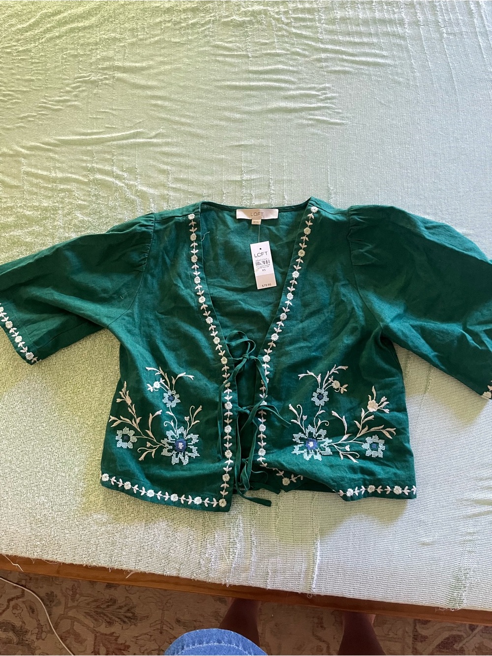 LOFT Green Embroidered Tie-Front Top